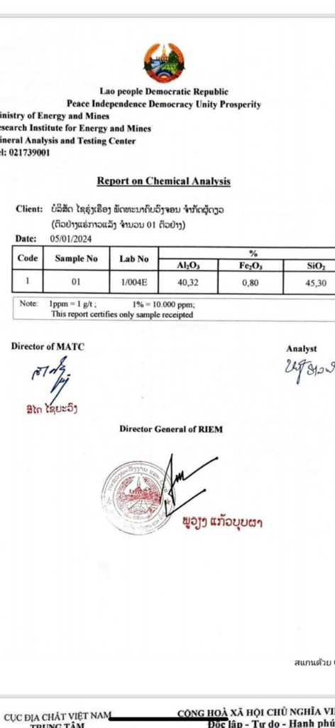 Official Chemical Test Certificate RIEM Laos